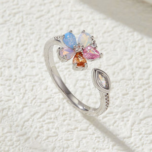 Flower Open <b>Ring</b> Colorful Opal Micro <b>Set</b> Adjustable For <b>Women</b> Gift Jewelry - Product Image 1