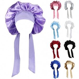 Bonnet de nuit en satin de soie grande taille avec long ruban à nouer, broderie, réversible, double couche, pour femme - Product Image 1