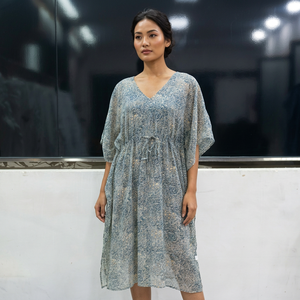 V Neck Floral Georgette Breathable Midi <b>Kaftan</b> Loose Boho Style Three Quarter Sleeve Drawstring Waist Spring <b>Summer</b> Casual - Product Image 1
