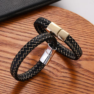Pulsera de cuero genuino trenzado negro de moda para hombre con cierres magnéticos, accesorios de pulsera - Product Image 5
