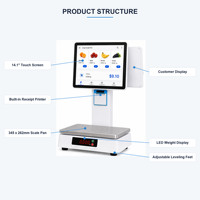 Mesin Kasir Terminal POS Sistem POS All-in-One Android Layar Ganda 14.1" Timbangan Printer Intel I5 Putih