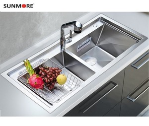 Heavy Duty 304 Stainless Steel Double Bowl Two Hole Kitchen Sink Handmade <b>Brushed</b> Finish Modern Design Above Counter Vietnam - Product Image 3