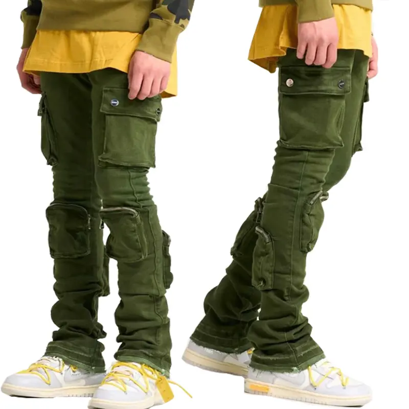 Fashion Army Green Skinny Raw Edges Hem Multi Pockets Cargo Stacked Denim Jeans Pants For Men