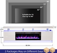 Console TV moderne Kalsubo blanche à 2 niveaux, 80 pouces, avec foyer électrique de 42 pouces, éclairage LED, centre de divertissement