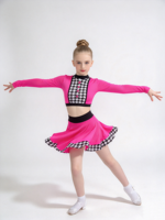 Tenue de danse pour filles, rose vif, motif pied-de-poule, ensemble 2 pièces, haut court à manches longues et jupe, pour la danse jazz, le claquettes et les compétitions sur scène