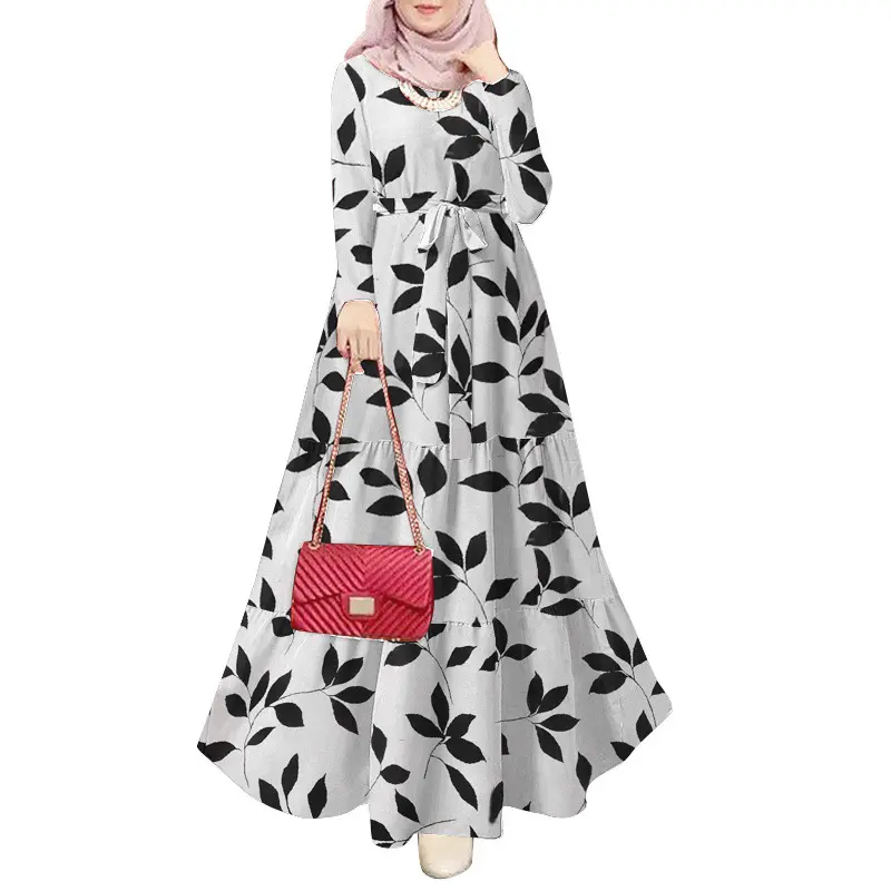 2024 Nieuwe Moslimkleding Dames Bloemenjurk Vintage Polka Dot Print Gewaad Lange Rok Islamitische Moslim Jurk