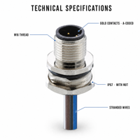 Connecteur M12 en laiton pour montage sur panneau automobile, mâle, codage A, IP67, filetage M16, fixation frontale, pour fils toronnés, 3-17 pôles, PUR PVC