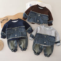 Ensemble sweat-shirt patchwork à ourlet brut pour tout-petit garçon, tenue 2 pièces printemps-automne, survêtement colorblock pour enfants