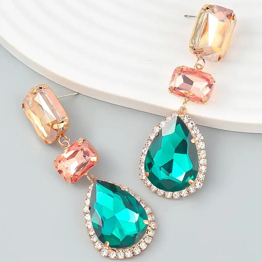 2022 Fashion Jewelry 3 Colors Brass Metal Glass Geometric Dangle Earrings Emerald Green Water Drop Gemstone Statement Earrings