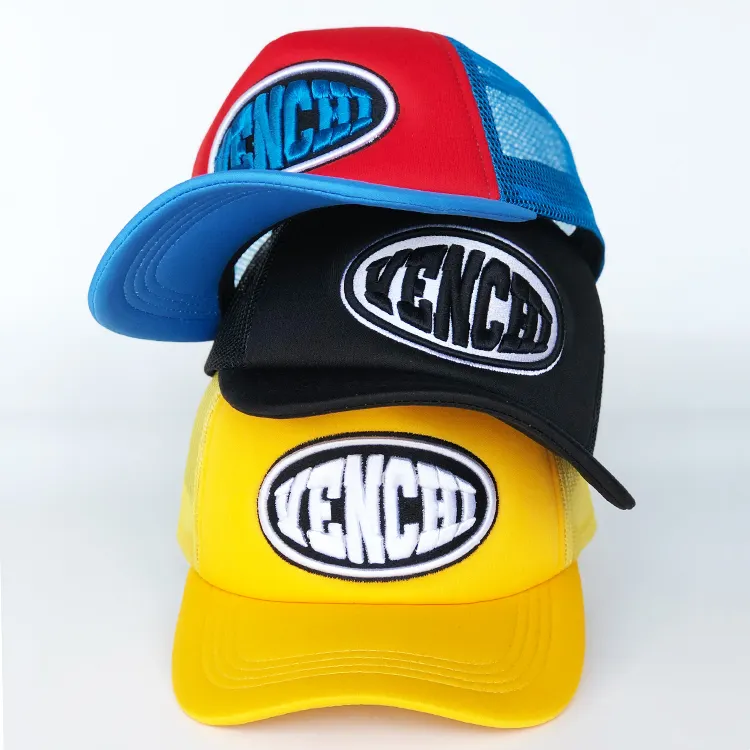 עיצוב משלך סיטונאי ספורט שוליים מעוקלים 5 פאנל כובעי משאית מתכוונן מותאם אישית 3D רקום לוגו קצף כובע משאית