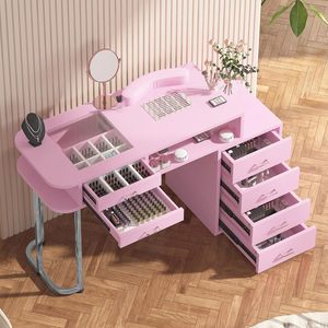 Nail <b>Table</b> Pink <b>Plastic</b> With Dust Collector 12 Storage Compartments Drawers Contemporary Design For Nail Salon Use - Product Image 1