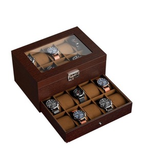 Caja de almacenamiento de relojes de madera para escritorio, con tapa de cristal y cajón para relojes de hombre y mujer, madera maciza, rectangular, color retro, GZ 217 - Product Image 2