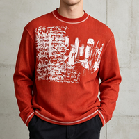 T-shirt à manches longues en tricot gaufré pour homme, imprimé graphique décontracté, pull rétro streetwear, t-shirt thermique en coton