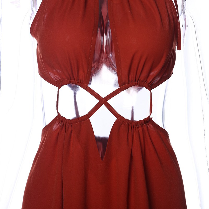 Y220228 sexy hollow out solid color casual halter dress sleeveless elegant vacation beach dress