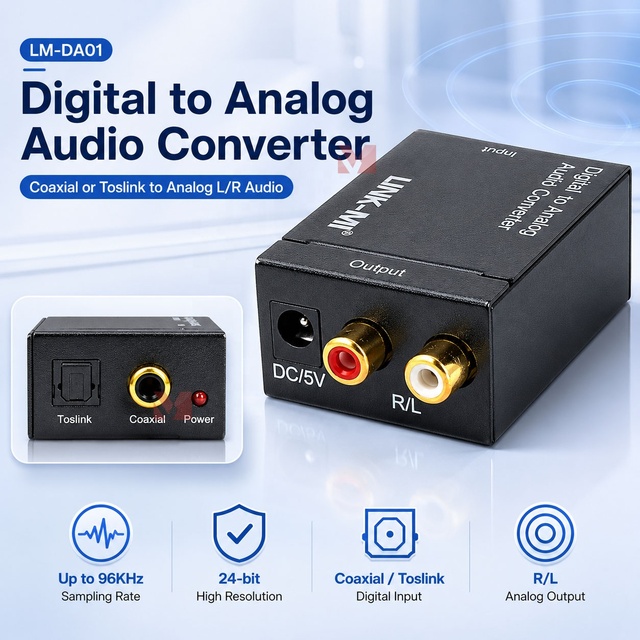 Digital Analog Audio Converter Coaxial/Toslink Input Metal Construction Easy Install Design Supporting 32 48 96 KHz Sampling