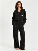 Ensemble de pyjama d'été pour femme en coton tricoté, imprimé chat noir, écoresponsable, manches longues, avec boutons, deux pièces
