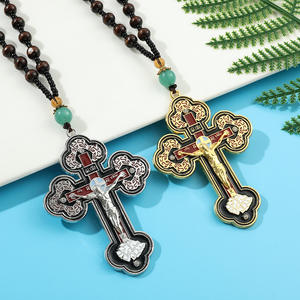 Crocifisso ortodosso <span class=keywords><strong>collana</strong></span> pendente con perline in legno oro e <span class=keywords><strong>argento</strong></span> tono croce con gesus Christian gioielli religiosi uomini donne - Product Image 5