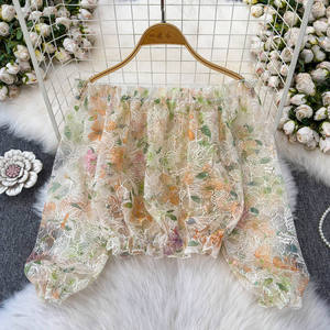 Camicie da <span class=keywords><strong>donna</strong></span> all'ingrosso estive 2026 alla francese monospalla a maniche lunghe con fiori 3D in rete, ampie e snellenti, versatili - Product Image 2