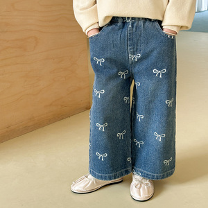 Jeans a Gamba Larga con Stampa a Fiocco per Bambine, <span class=keywords><strong>Vita</strong></span> <span class=keywords><strong>Alta</strong></span> e Vestibilità Comoda - Product Image 1