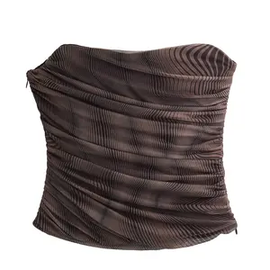 Plissado strapless zipper voar cor marrom impressão casual moda colheita regatas para as mulheres