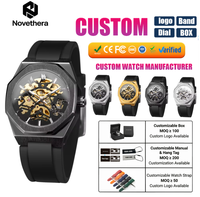 Montre automatique Miyota squelette ronde de 41 mm, cadran en verre, bracelet en gel de silice souple, logo personnalisé, montre de luxe pour homme