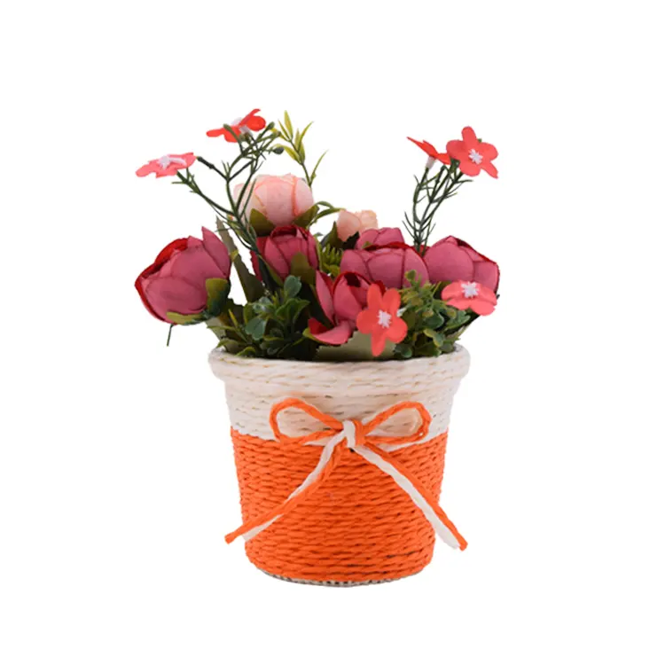 Çiçek olarak plastik pot ile dokuma kağıt halat sepeti saklama sepetleri ve hediye dekoratif sepet ev bahçe dekorasyonu