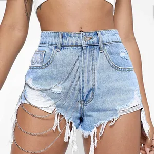 Hoge Taille Blauwe Vrouw Jean Shorts Met Kettingen Voor Vrouwen Jeans Gescheurde Gerafelde Zoom Sexy Mode Zomer Korte Broek