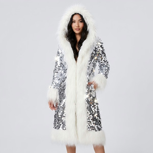 Cappotto Lungo da Donna in Pelliccia Sintetica con Paillettes Lucide Arcobaleno, Stile Punk Y2K, con Cappuccio, per Feste e Spettacoli Invernali, <span class=keywords><strong>Giacca</strong></span> Patchwork Color Block - Product Image 3