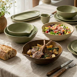 Vajilla de Cerámica Rústica de Estilo Natural, Tazón de Cerámica Texturizado Hecho a Mano con Boquilla para Servir, para Ensaladas, Filetes, Pasta, Cocina, Restaurante - Product Image 2