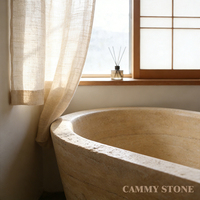 Baignoire autoportante Cammy Stone en travertin beige style Wabi-sabi avec douche intégrée, sur mesure, pour entrepôt ou chambre