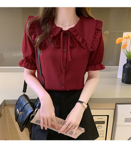 Nieuwe mode dames lente korte mouw V-hals kant matchende meisjes losse casual geruite tops shirt pullover <span class=keywords><strong>blouse</strong></span> - Product Image 3