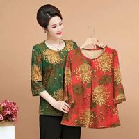 Kaus Wanita Lengan setengah motif, 2022 grosir Wanita Ibu kaus motif leher O kancing Senior wanita musim panas atasan kasual ukuran besar