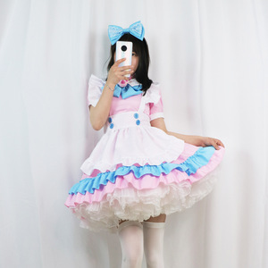 Lolita Dress Pink Blue Maid Style A-Line Elastic Waist Peter Pan Collar Party Casual Dress With Big Bow Contrast Color Woven - Product Image 3