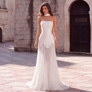 Elegante Vestido <span class=keywords><strong>de</strong></span> Novia Blanco con Cuello Halter y Adorno <span class=keywords><strong>de</strong></span> Perlas, Vestido <span class=keywords><strong>de</strong></span> Novia Sencillo para <span class=keywords><strong>Boda</strong></span> <span class=keywords><strong>Civil</strong></span> - Product Image 1