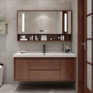 Banyo mobilyaları lavabo setleri ile ceviz duvara monte lavabo banyo Vanity dolapları