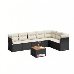 Set divano da giardino in rattan bianco crema e nero, 6 posti, mobili da esterno, design contemporaneo - Product Image 1