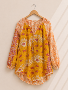 Handmade Vintage Kantha <b>Floral</b> Print Peplum Top for Women 2 Layer Kantha V Cut Neckline <b>Tie</b> Drawstring Neck Back Neck Logo Woven - Product Image 2
