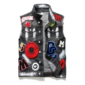 brand trending men jean jacket personality paint fancy patchwork embroidery sleeveless punk denim jacket vest