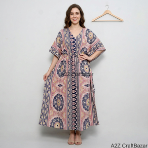 Vestido Maxi Kaftan 100% Hecho a Mano en Algodón para Mujer, Cuello en V, Sin Mangas, Estampado Floral, Ecológico, Silueta Ajustada, Casual - Product Image 6