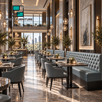 Ensemble de sièges de restaurant personnalisables, style Chesterfield capitonné en cuir bleu, table à manger en marbre, chaises de restaurant, OEM ODM, vente en gros