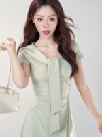 Robe longue élégante pour femme, collection été 2026, col marin, nœud papillon, taille froncée, coupe ajustée, pour soirées décontractées