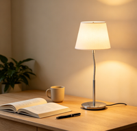Lampe de bureau moderne et simple à col de cygne réglable, abat-jour en tissu blanc, base chromée