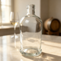 Bouteille en verre transparente élégante avec bouchon en liège cannelé à centre creux, forme cylindrique, logo personnalisé, idéale pour la présentation de whisky
