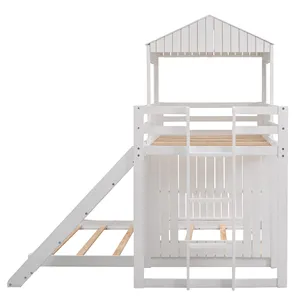 Bellemave Bedroom Wooden Bunk Bed Kids Bed Frame With Slide Stair Railing