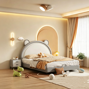 귀여운 곰돌이 귀 모양의 가죽 소재 어린이 침대, 만화 캐릭터 디자인 남자아이 침실 가구 - Product Image 1