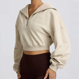 OEM Eco-Friendly Breathable Lined Lightweight Other Fabric Quarter-<b>zip</b> <b>Hooded</b> Drop Shoulder Ribbed Hem Women Cropped Sweatshirt - Product Image 4