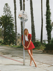 Personalizzazione Oem a sbuffo maniche corte a vita alta con scollo a V di alta qualità da donna collo <span class=keywords><strong>grande</strong></span> con fiocco posteriore doppiopetto Mini <span class=keywords><strong>abito</strong></span> da donna - Product Image 2