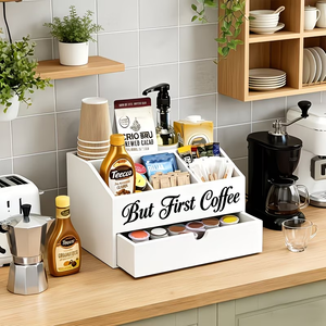 Accessoires de bar en bois à 2 niveaux avec tiroir, station à <span class=keywords><strong>thé</strong></span> et condiments style farmhouse, conteneur en bois pour le stockage des grains de café - Product Image 2