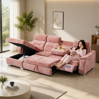 Canapé-lit sectionnel moderne de luxe en tissu rose avec fauteuil inclinable électrique, rangement et plateau porte-gobelets escamotable pour salon