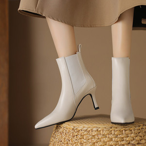 Sexy bout pointu femmes bottes courtes femmes élégantes en cuir véritable chaussures de fête élastique mince talons hauts bottines pour dame - Product Image 4